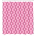 thumbnail image 3 of Pink and White Shower Curtain, Pastel Ogee Motifs with Curved Stripes Abstract Ethnic Design, Fabric Bathroom Set with Hooks, 69W X 84L Inches Extra Long, Pink Pale Pink and White, by Ambesonne, 3 of 3