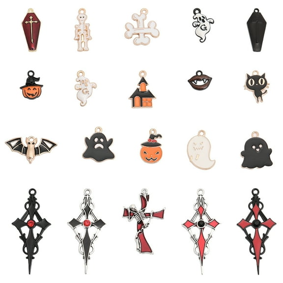 40Pcs 20 Style Alloy Enamel Charms Halloween Cadmium Free & Lead Free Ghost & Pumpkin & Skeleton & Cross Mixed Color 11.5~47.5x10~24x1.5~4mm Hole: 1.4~2mm 2pcs/style