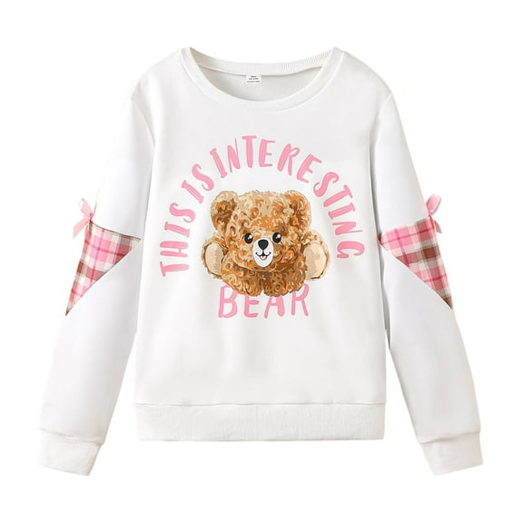 14Y Big Girls Clothes Big Girls Long Sleeve T-shirt 14 Years Big Girls Letter Bear Print Round Neckline T-shirt Top White