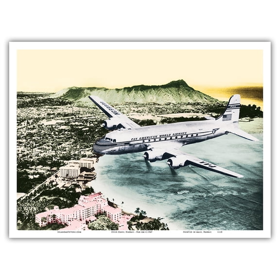 Oahu Hawaii - Diamond Head Crater Waikiki Beach - Douglas DC-4 Clipper - Vintage Hand Colored Photograph c.1947 - Master Art Print (Unframed) 9in x 12in
