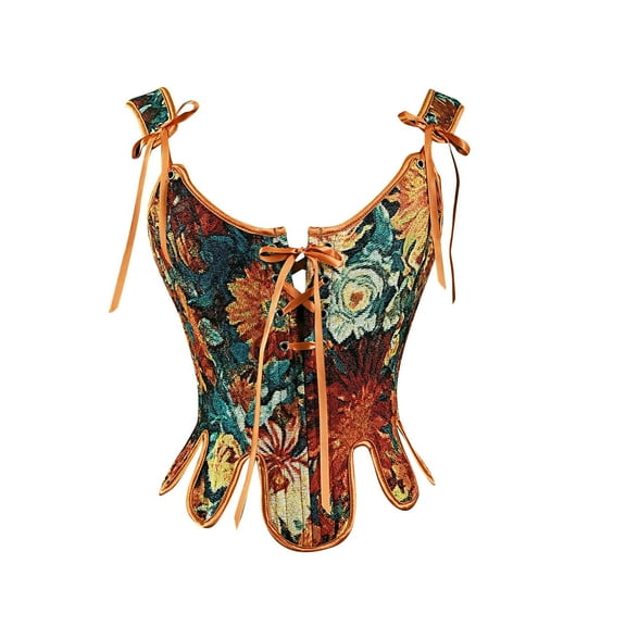Corset Tops for Women Vintage Floral Waist Cincher Bustier Renaissance Lace Up Boned Bustier Shapewear Gold, XS