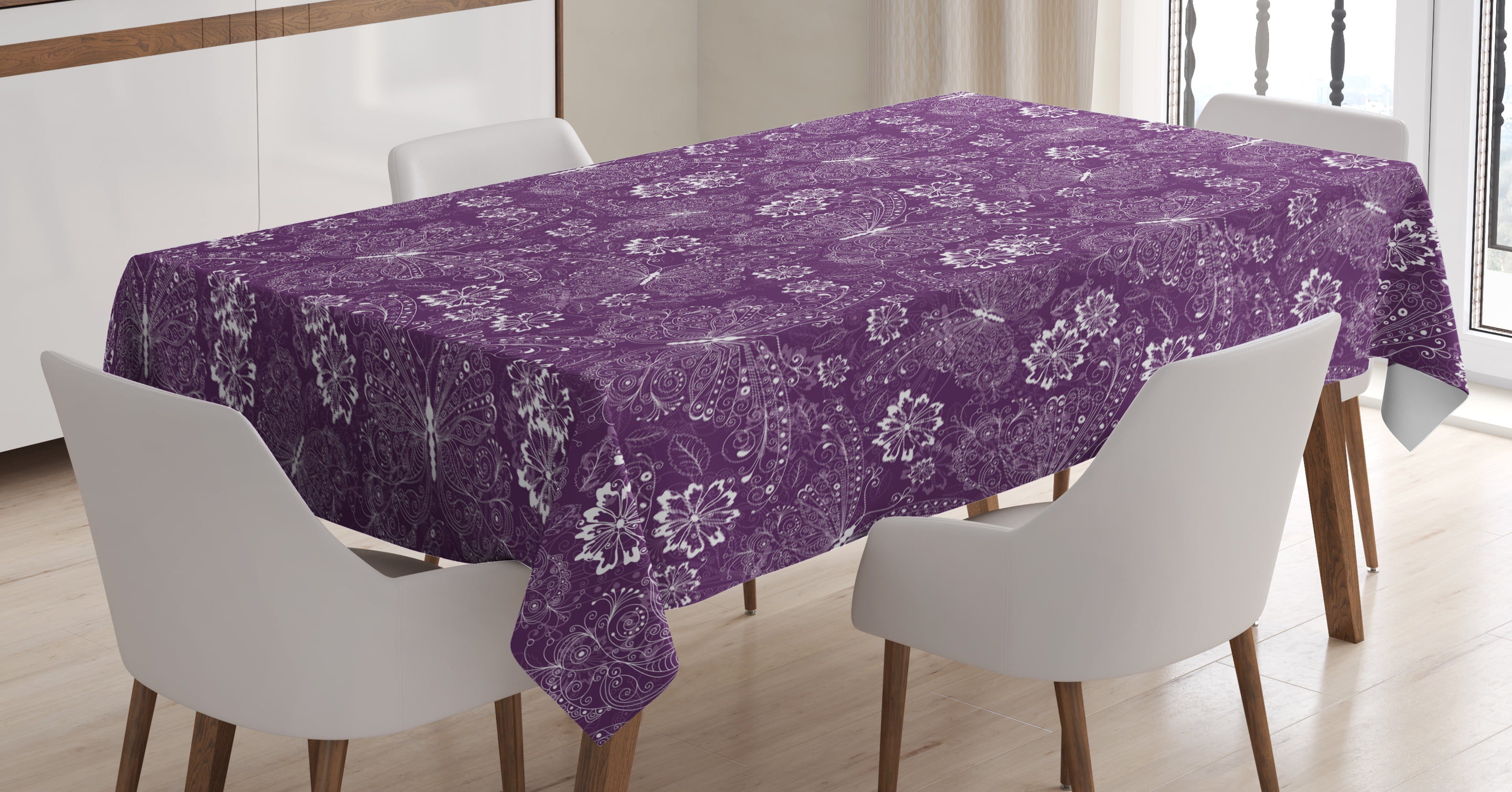 Purple Tablecloth, Floral Pattern with Vintage White Butterflies and