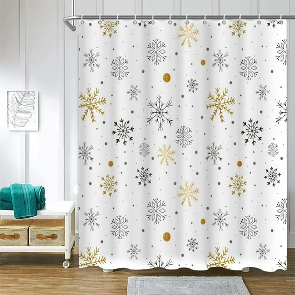 Winter Snowflake Shower Curtain Merry Christmas Gold Sliver Big Small Snowflake Shower Curtain for Bathroom Winter Holiday Xmas Eve Decor Fabric Bath Curtain 72x72 Inches with Hooks