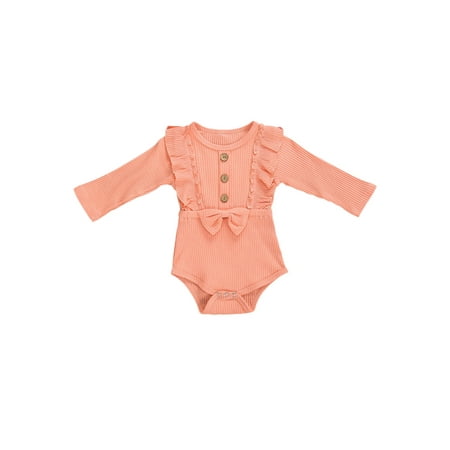 

Franhais Toddler’s Autumn Clothes Solid-Color Round-Neck Ruffle Long-Sleeves Rompers with Bowknot