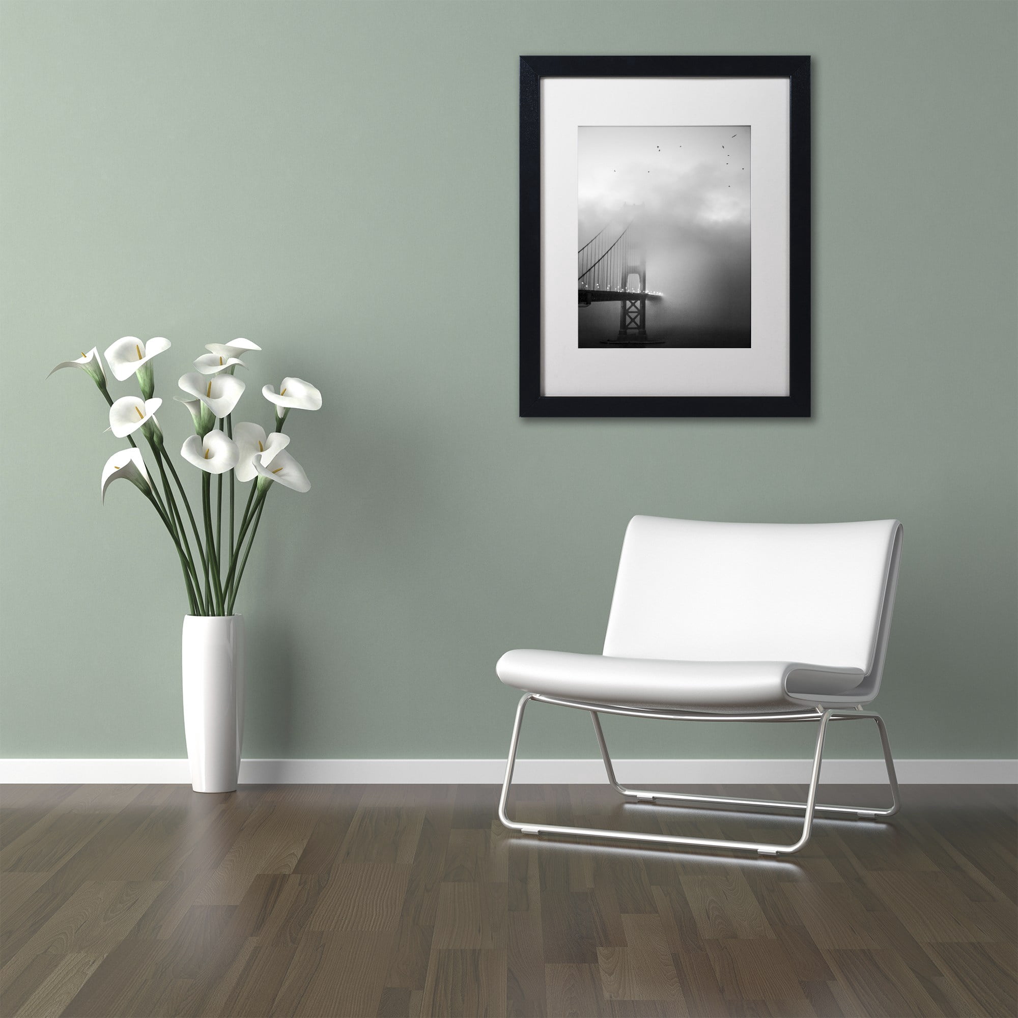 Trademark Fine Art "Golden Gate and Birds" Canvas Art by Moises Levy White Matte, Black Frame