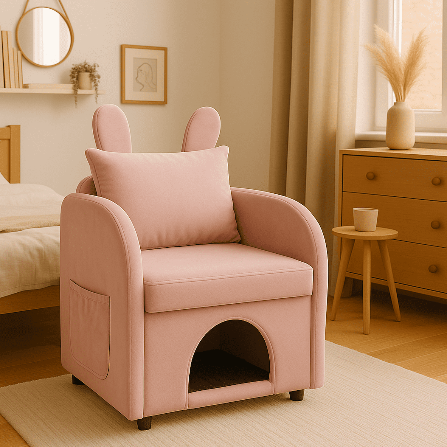 2-in-1 Armchair with Cat Dog Pet Hideaway, Pet-Friendly Accent Chair with Scratch-Resistant Fabric, Dual-Use Sofa Chair with Pocket for Living Room, Pink