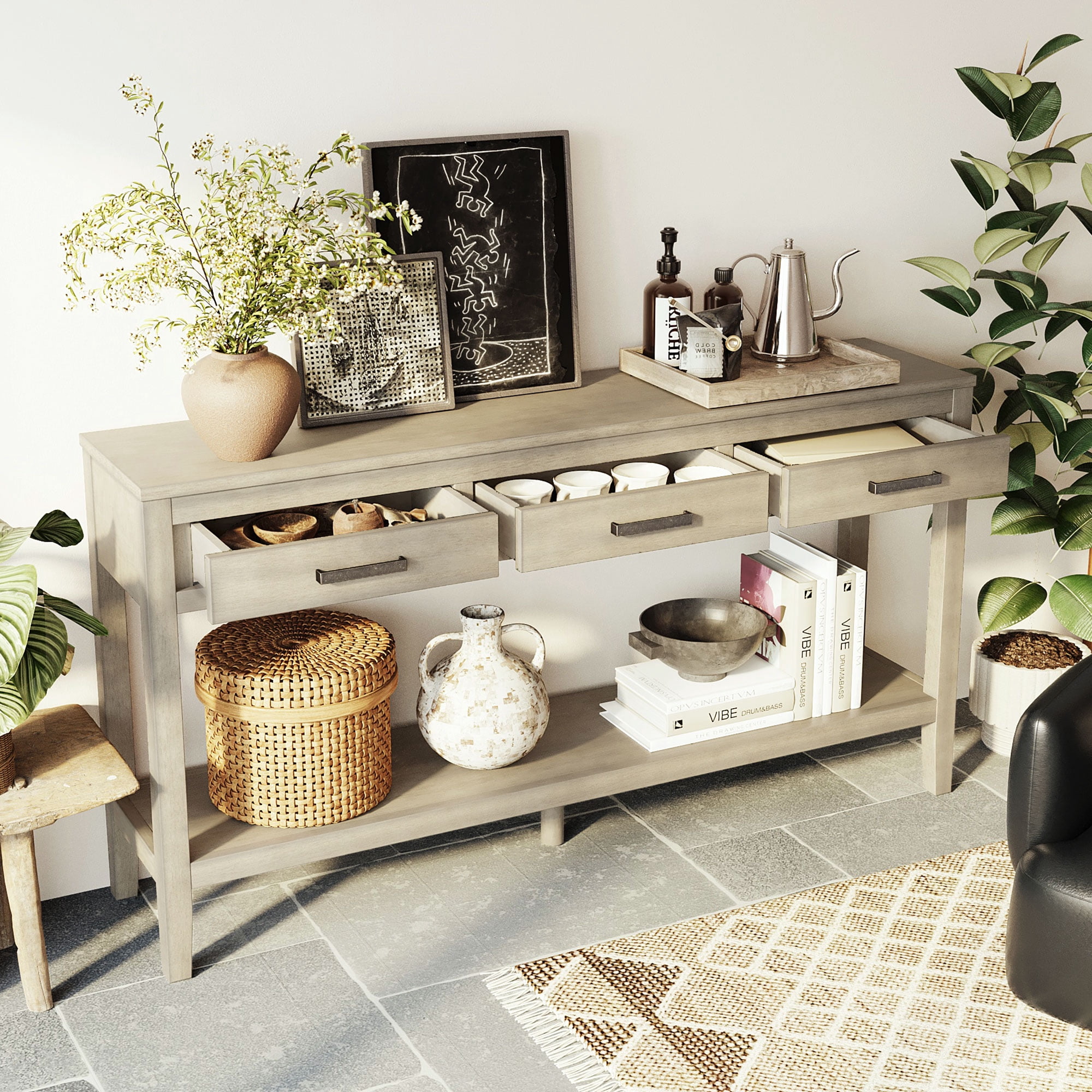 EUROCO 59.1" Longer Console Table, Narrow Wood Sofa Table with 3 Drawers and Open Storage Shelf,2 Tier Behind Couch Table Entryway Table for Living Room,Entryway,Hallway,Gray