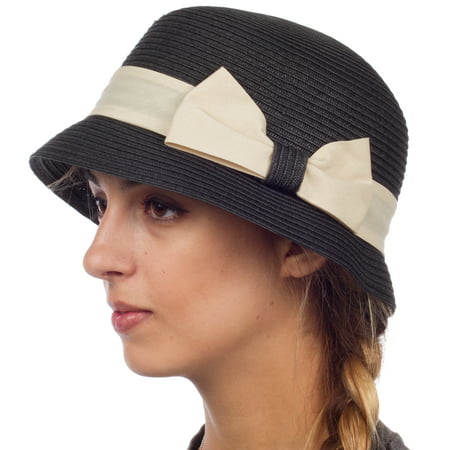Womens 100% Paper Straw Ribbon Bow Accent Cloche Bucket Bell Summer Hat - Black - One Size