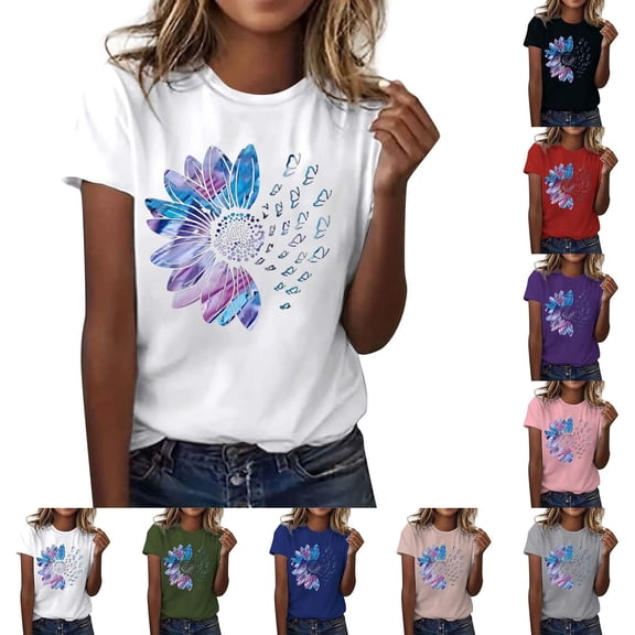 Xmyrz Women's Floral Tops Casual Little Daisy Pattern Print Short Sleeve Round Neck Tees Loose Summer Tshirts