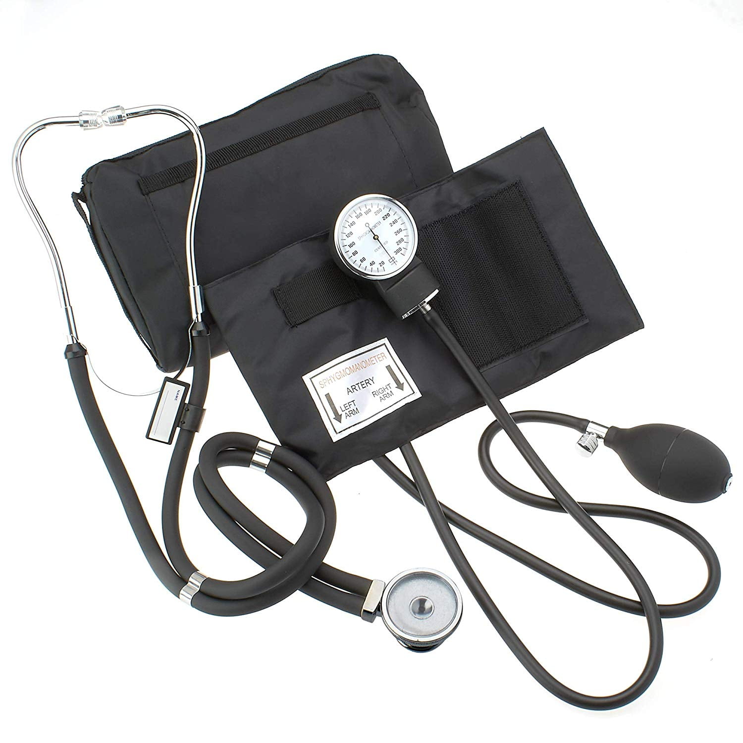 AsaTechmed Complete Diagnostic Blood Pressure, Stethoscope, Otoscope Kit w/Tuning Fork, Neurological Reflex Hammer, EMT Shears || Nurse Starter Kit with Travel Pouch + Accessories (Tactical Black)