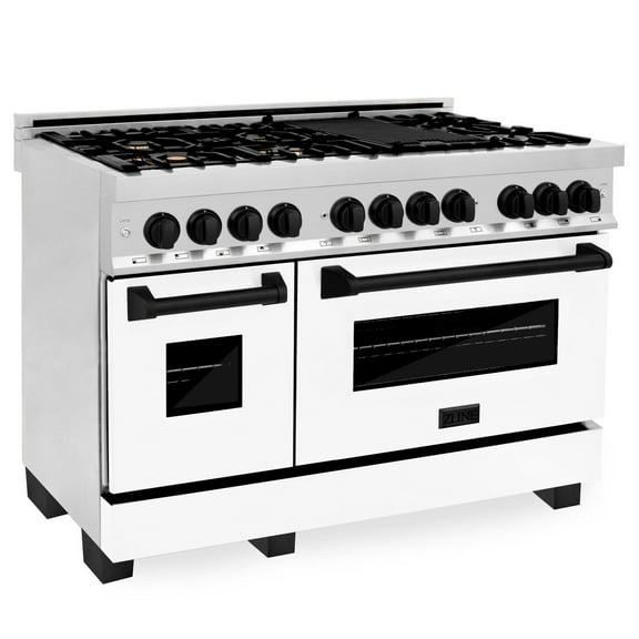 ZLINE 48 in. Autograph Edition Dual Fuel Range in Stainless Steel with White Matte Door and Matte Black Accents (RAZ-WM-48-MB)