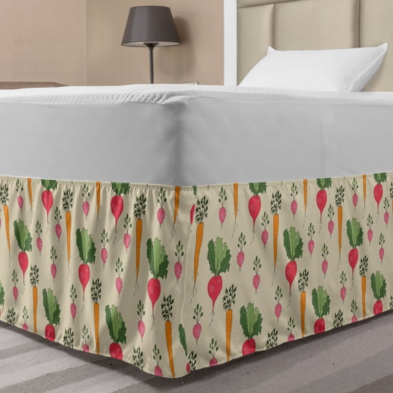 Vegetable Bed Skirt, Radish Carrot and Beets Pattern on Beige Background Hand Drawn Food Composition, Elastic Bedskirt Dust Ruffle Wrap Around for Bedding Decor, 4 Sizes, Multicolor, by Ambesonne