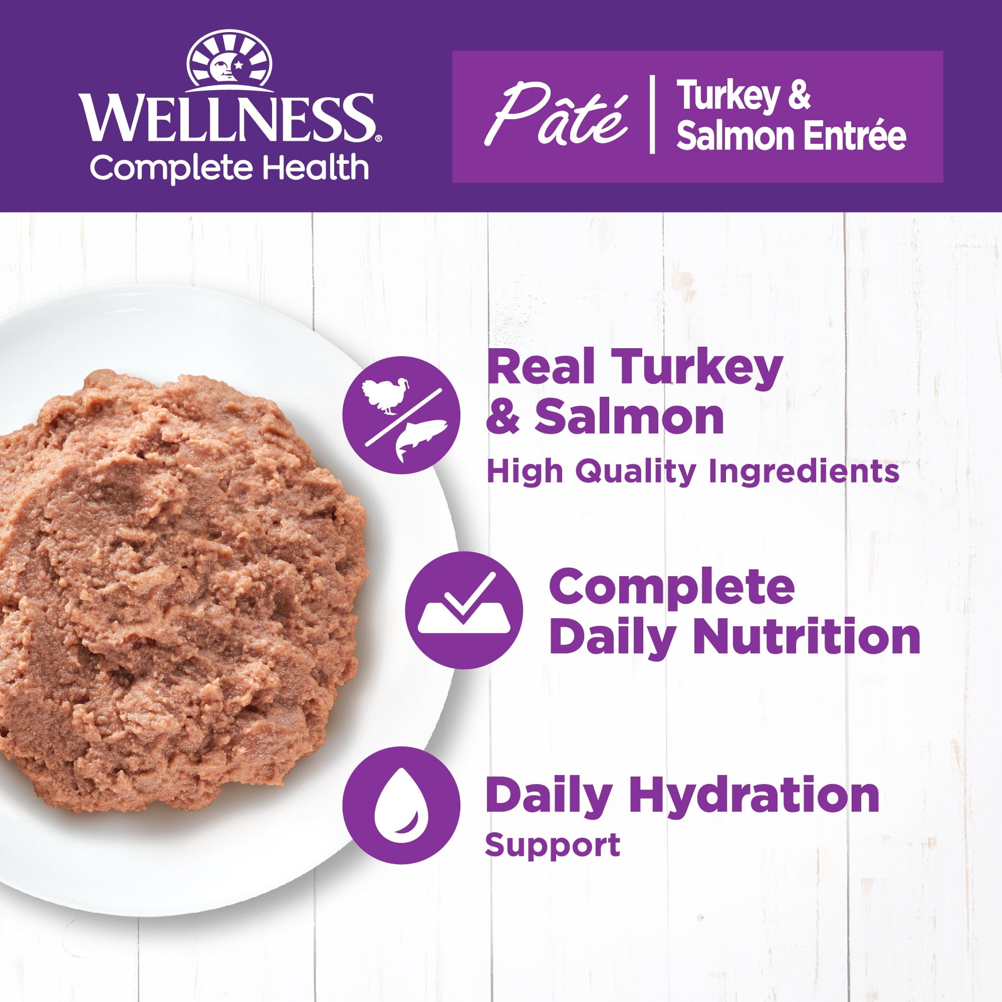 Wellness Complete Health Pate Adult Canned Wet Cat Food, Natural, Protein Rich, Grain Free, Turkey and Salmon Entrée Recipe, 5.5 oz, Pack of 24 Cans