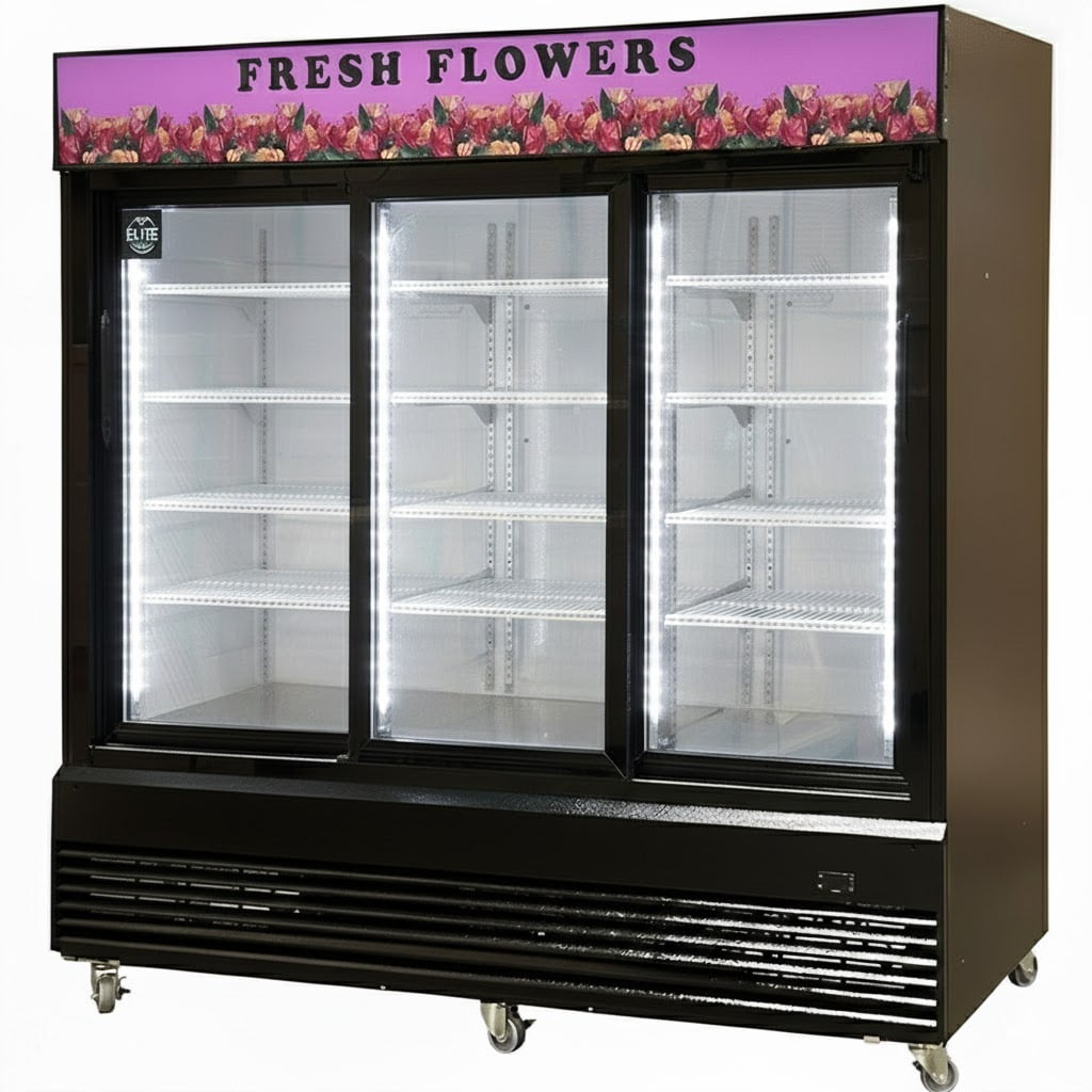 78” 3-Door Commercial Flower Display Refrigerator, 60 Cu.Ft. Floral Cooler, LED Light, Black Exterior, NSF Certified, R290 Eco Refrigerant