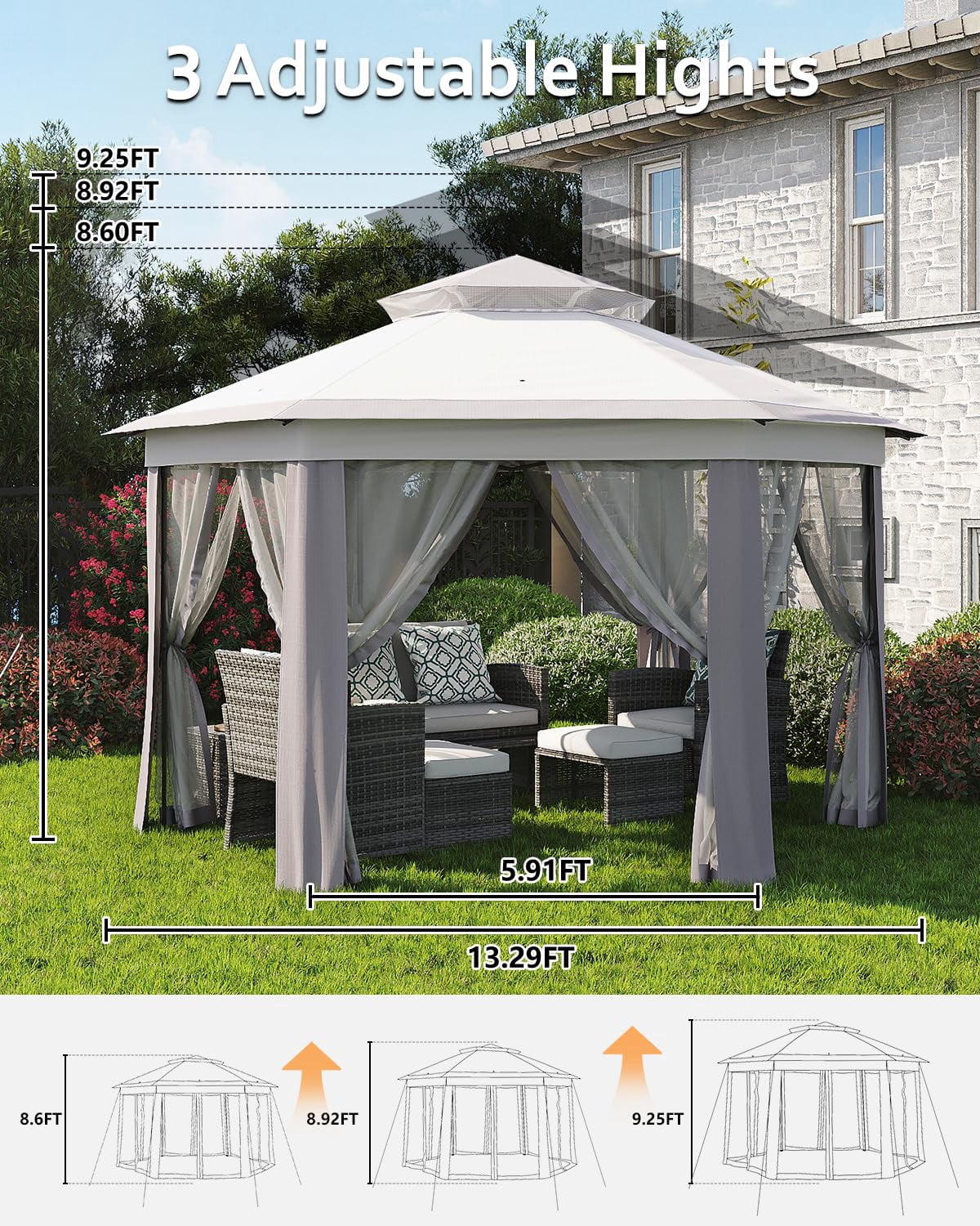 Luku 13'x13' Pop-Up Gazebo, Outdoor Hexagonal Patio Gazebo with Mosquito Netting, Instant Setup Canopy Tent with Strong Steel Frame and Sandbags, for Backyard, Gardens, Patio