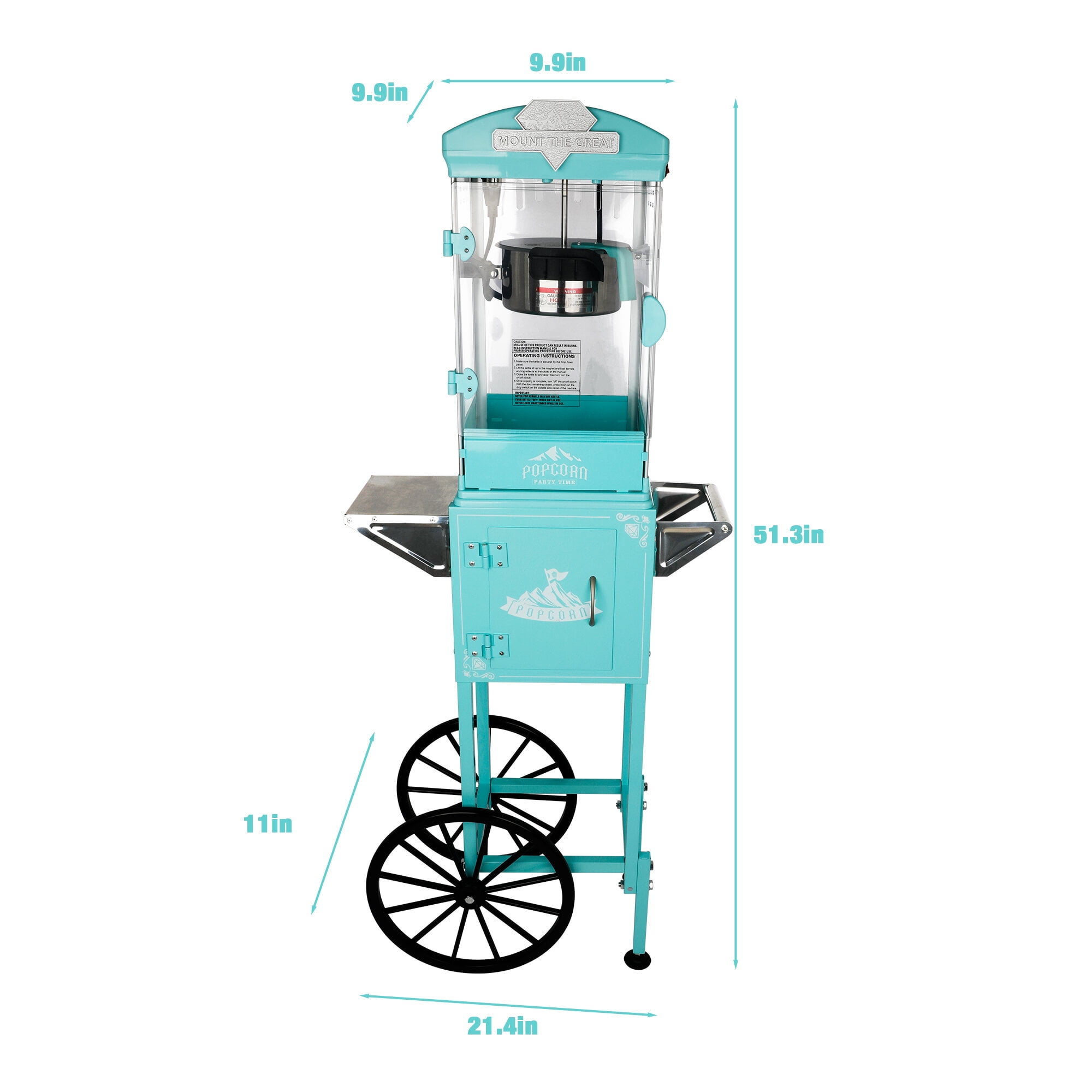 Popcorn Machine with Cart ,Wheels & 10 Oz Kettle Popcorn Maker Measuring 3 plastic spoon Home Theater Popcorn Machine-Cyan,