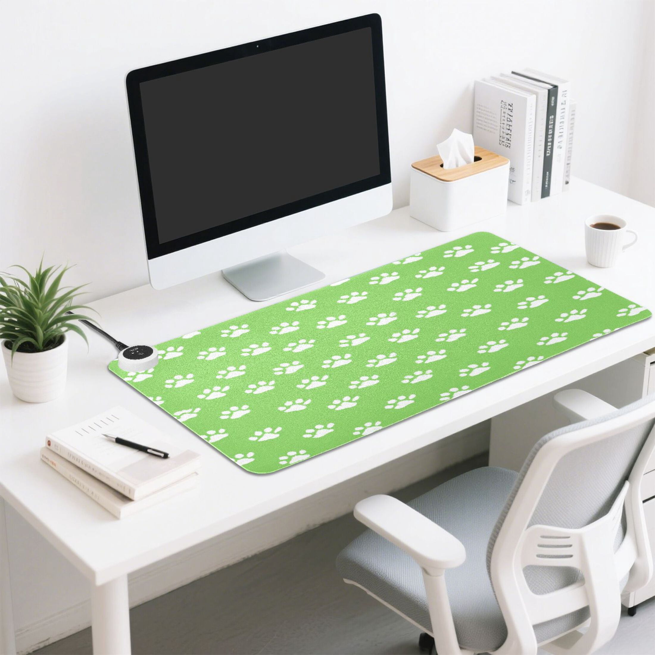 Large Heated Desk Mat Mouse Pad 31.5"x13"PU Leather Graphene Heating Desk Warmer with 3 Temperature Settings 110V US Plug Non-Slip Warm Pad for Home, Office, and Gaming Green Paw Print Pattern