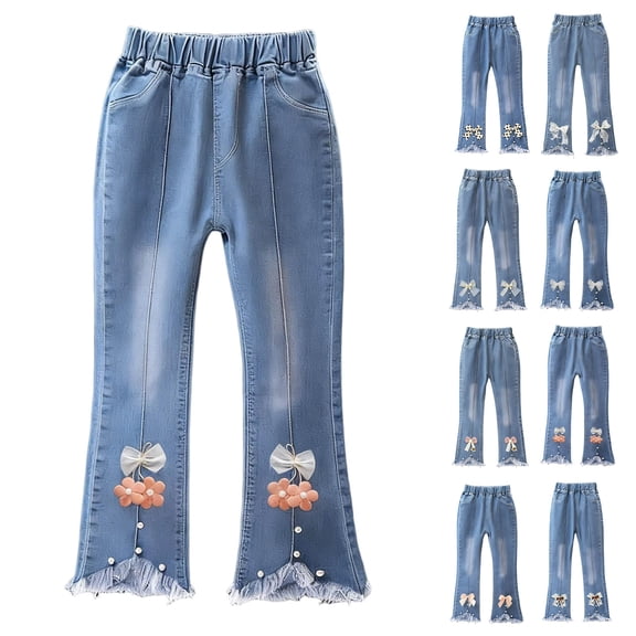 QSXADF Girls Denim Bells Bottoms Jeans Pants For Teen Kids Denim Flare Leg Pants Solid Color Pants Elastic Waist Casual Daily Comfortable Children's Trousers