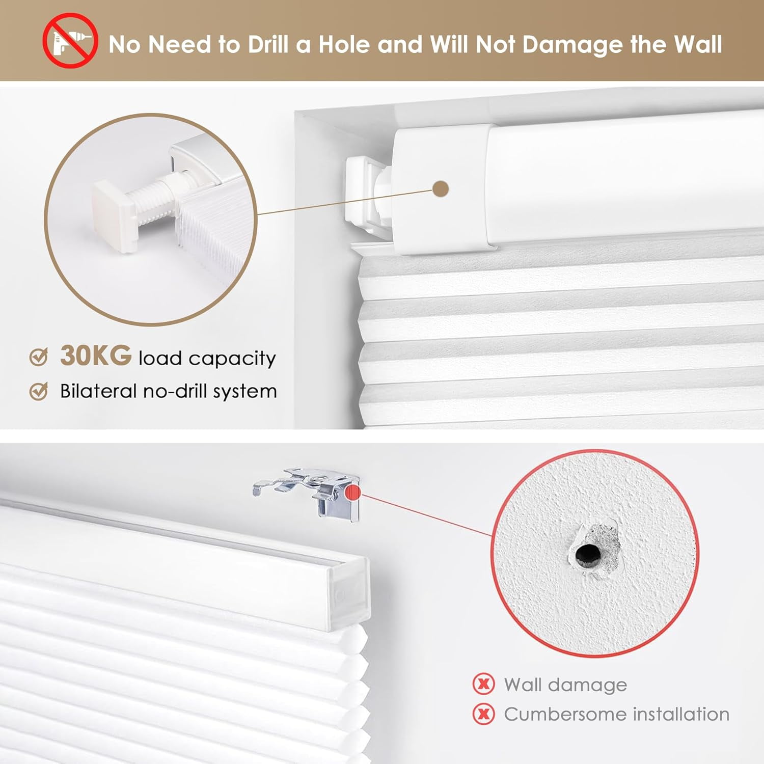 LazBlinds No Tools No Drill Cordless Cellular Shades, Blackout Light Blocking Honeycomb Shades for Home, Thermal Insulation Blinds for Windows, 31" W x 64" H, White