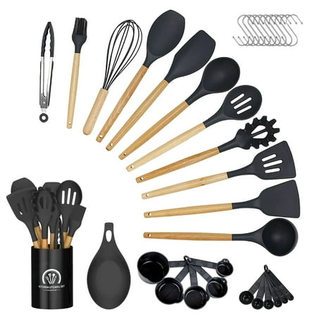 

34PCS Silicone Cooking Utensils Set 446°F Heat Resistant Wooden Handle Cooking Kitchen Utensils Spatula Set with Holder for Nonstick Cookware Dishwasher Safe (BPA Free) Black