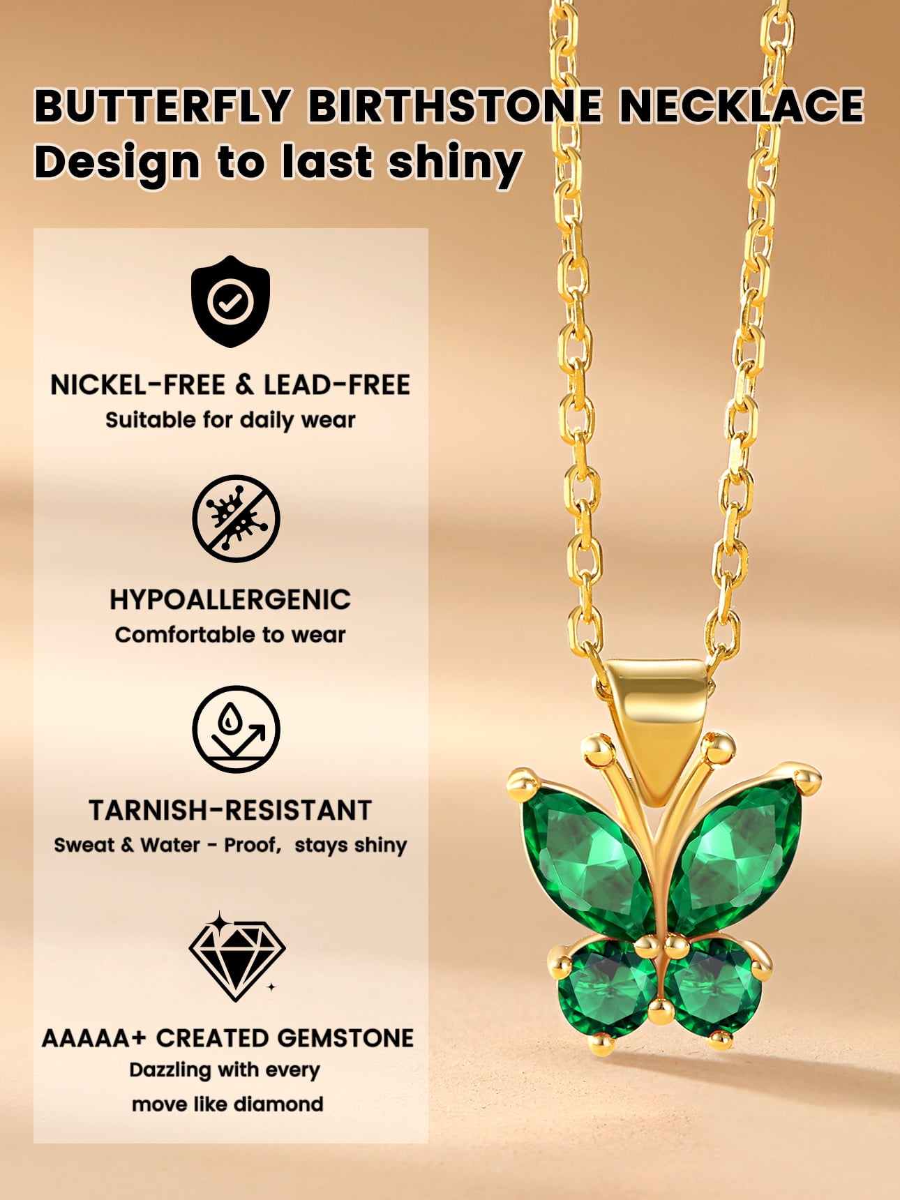 Bestyle 14K Gold Plated Butterfly Necklace for Women, Simulated Emerald Birthstone Crystal Pendant Jewelry Birthday Graduation Gifts for Her
