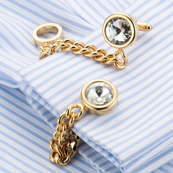 FELTECHELECTR Golden Cuff Links for Men 1 Pair with White Crystal and Chain for Father's Day Business Accessory
