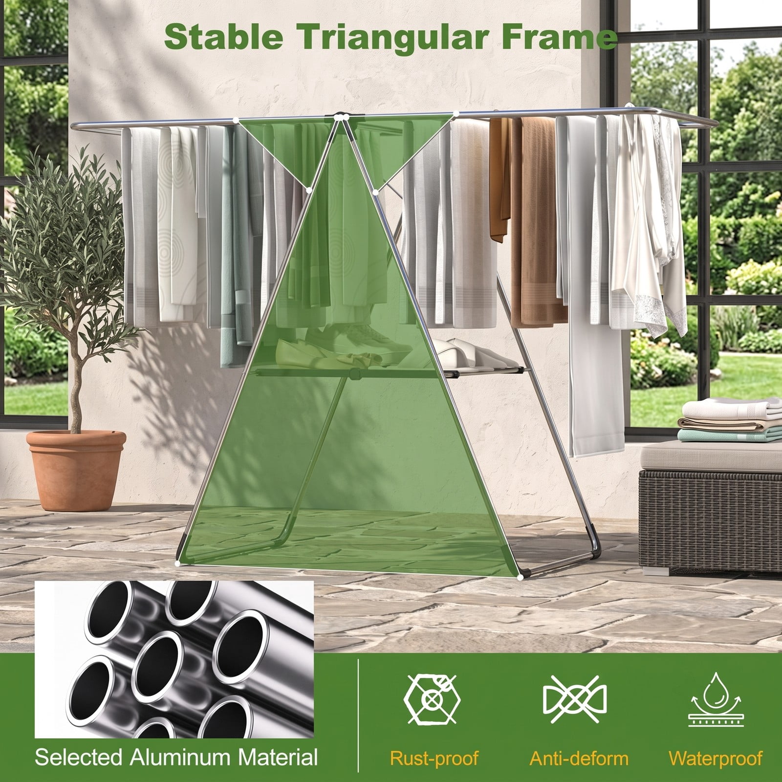 Fenbeli 2-Tier Laundry Drying Rack, Foldable Clothes Drying Rack with Rust-Proof Aluminum Frame, Space-Saving Collapsible Garment Air Dryer Stand for Balcony, Silver