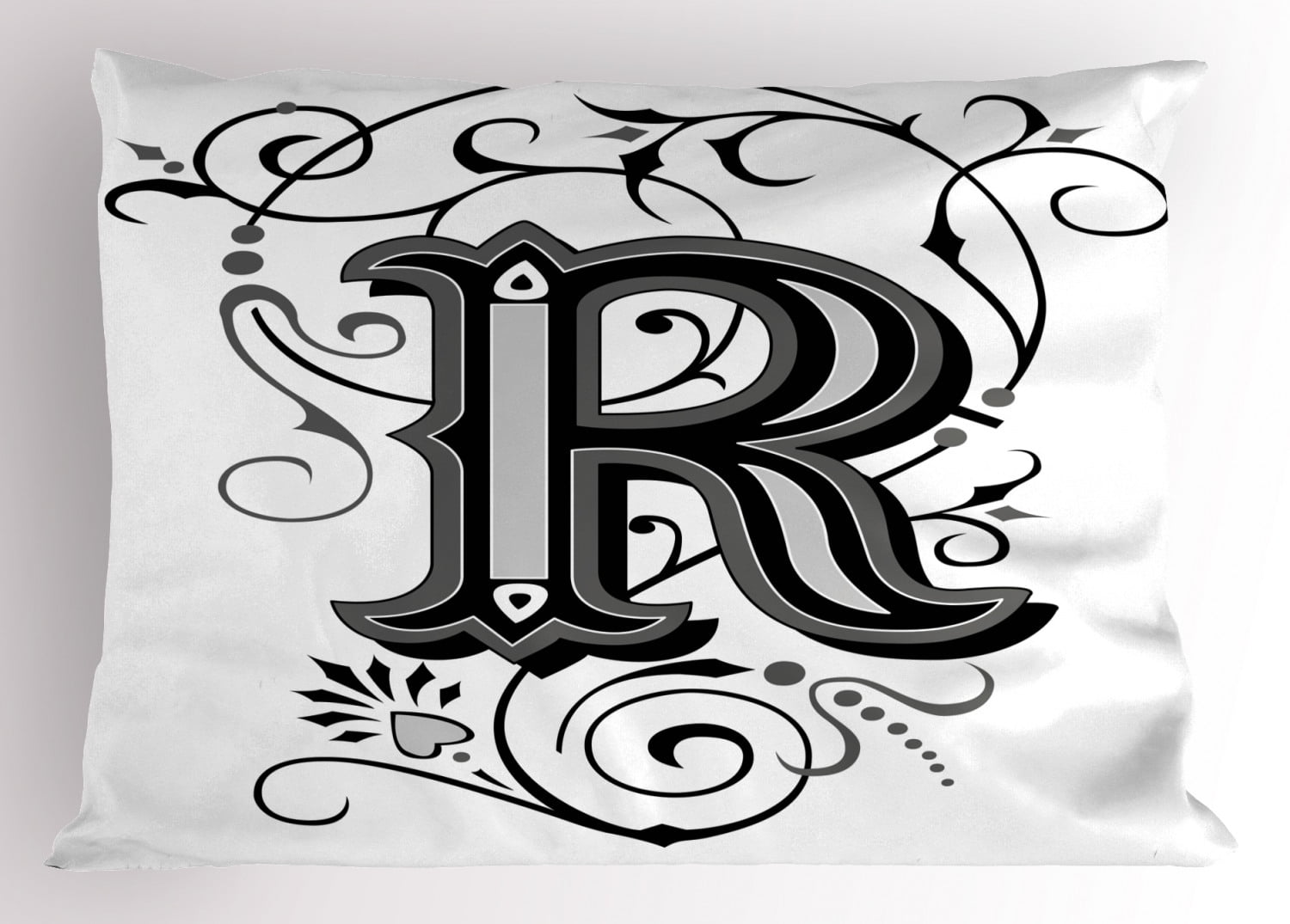 Letter R Pillow Sham Baroque Antique R Typography with Old Fashion English Aristocratic Swirls, Decorative Standard King Size Printed Pillowcase, 36 X 20 Inches, Black Grey White, by Ambesonne