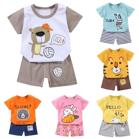 WERYOUNG Boys Girls Summer Outfits Short Sleeved Cartoon Printed T Shirt Shorts Boys Girls Two Piece Sets Weekend Activities Versatile Clothes Sets 12-18 Months