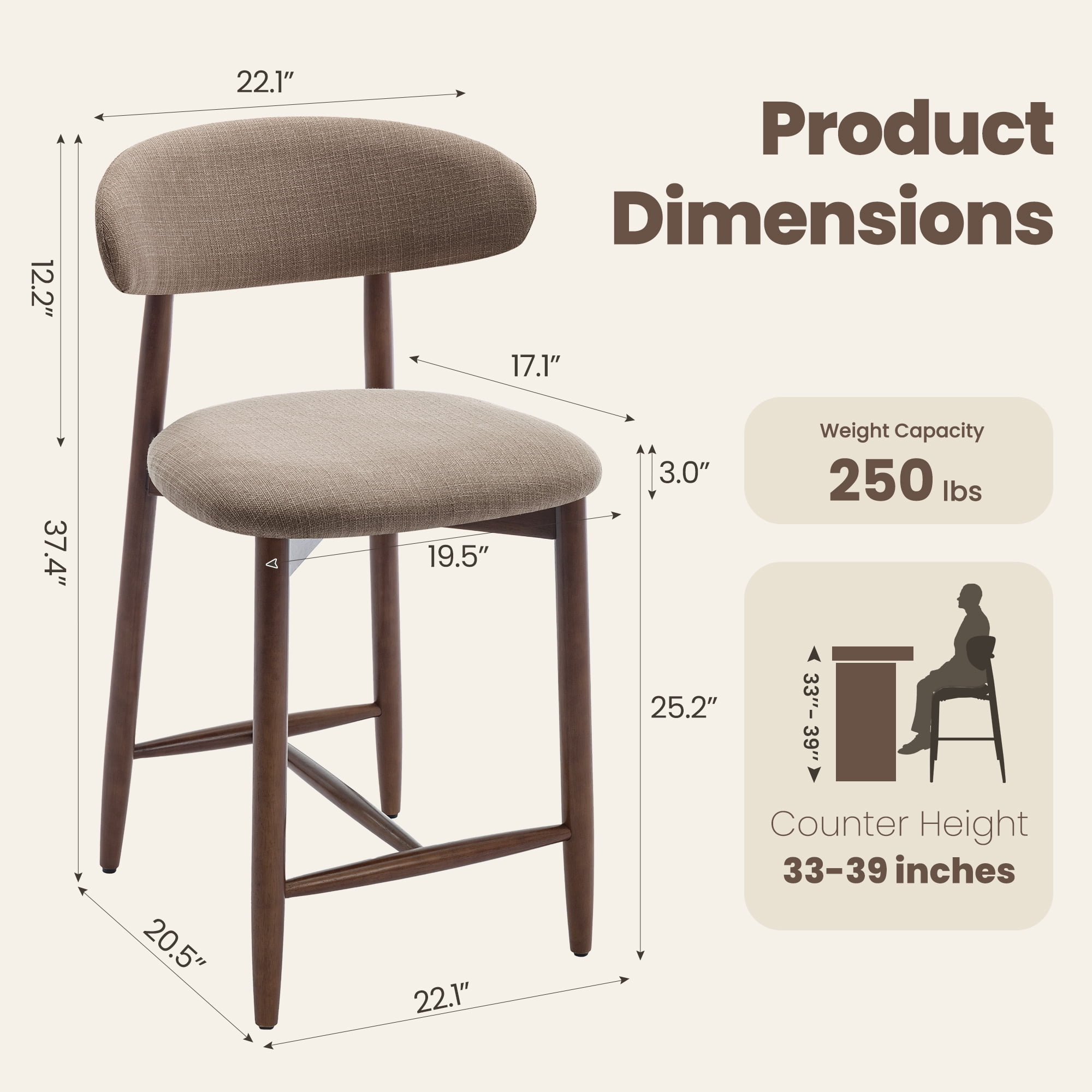 Mid Century Modern Kitchen Bar Stools Set of 6, Counter Height Stools with Curved Back and Wooden Frame,Upholstered Seat Camel