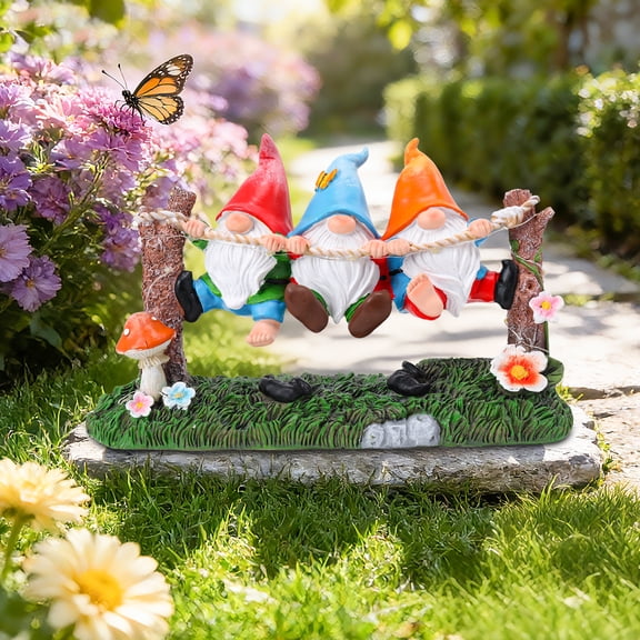 11 Inch Gnome Solar Garden Statue,3 Gnomes on Rope,Outdoor Statue,Resin Statue,Decor for Patio, Lawn & Outdoor Spaces