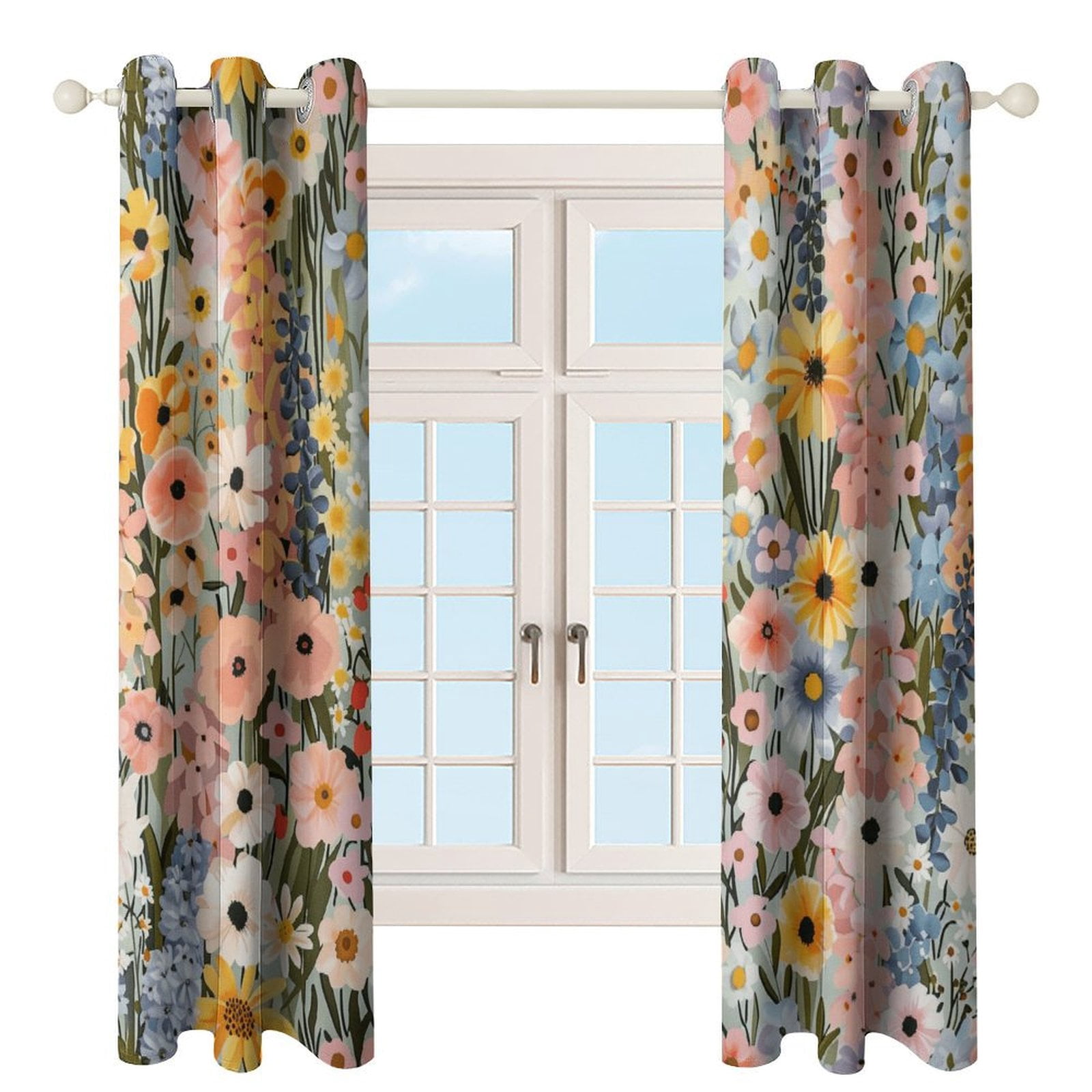 Floral Colorful Flower 2 Panel Curtain Set, Watercolor Painting Window Treatment Living Room Bedroom Decor