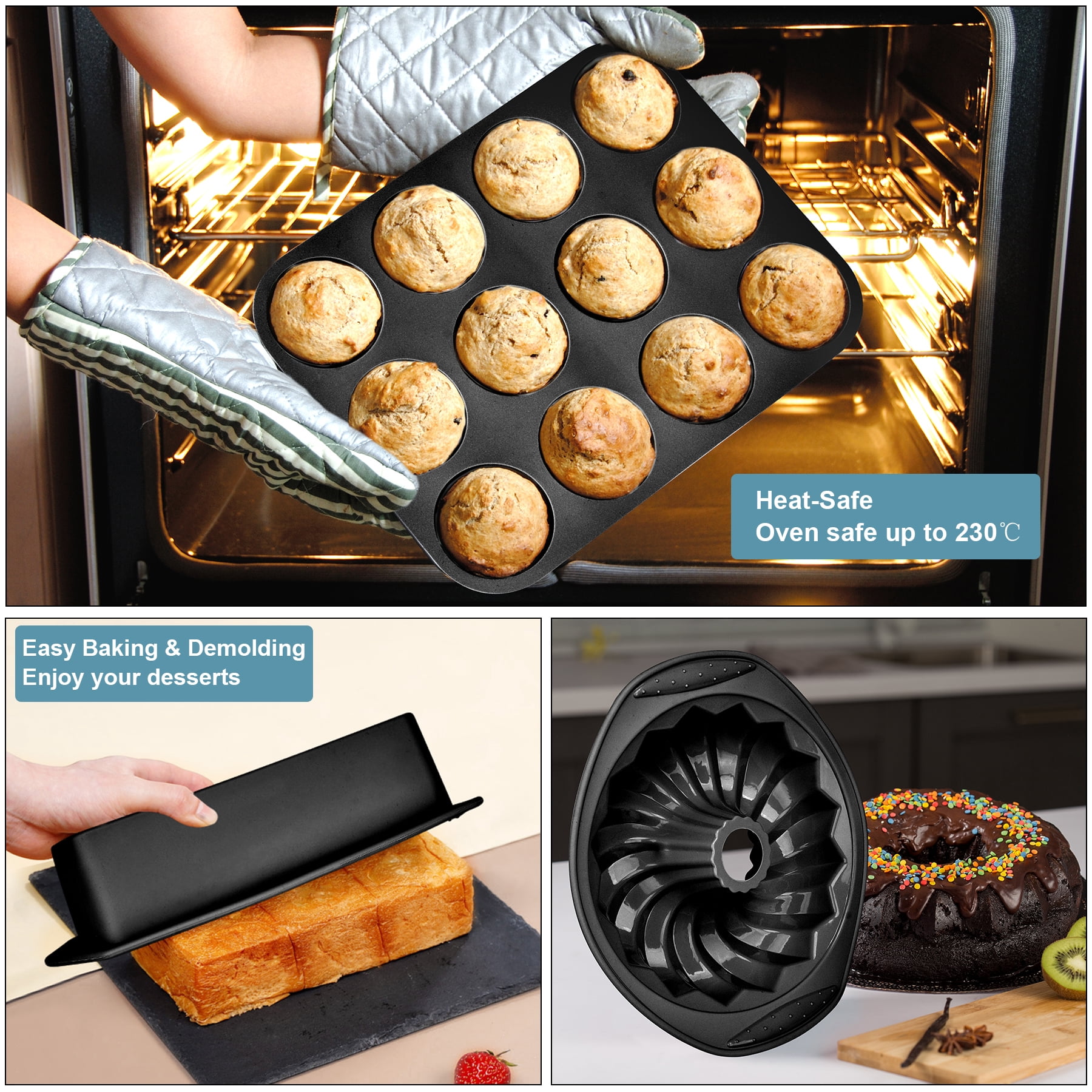 9in1 Nonstick Silicone Baking Fluted Cake Pan Cookie Sheet Molds Tray Heat Resistant Bakeware Tools Kit for Muffin Loaf Bread Pizza CupcakeUtensil（Black）