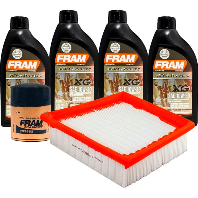 kit de aceite sintético 10w30 kit de afinación sin bujías compatible con ford fiesta l3 1.0l de 2014 a 2017 incluye cuatro botellas FRAM 10W-30 sintético de 946 ml (3.78 L), 1 filtro de aceite cilíndrico FRAM y 1 filtro de aire rectangular con marco naranja sobre fondo blanco; adecuado como repuesto para mantenimiento de motor y kit de emergencia de taller.