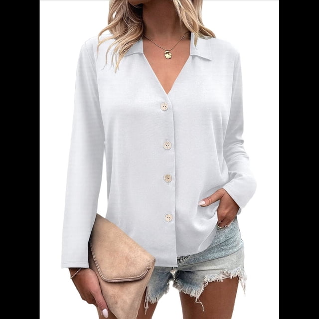 Camisetas de Mujer con Botones, Mangas 3/4, Cuello en V, Camisetas Casuales de Verano para Mujer S