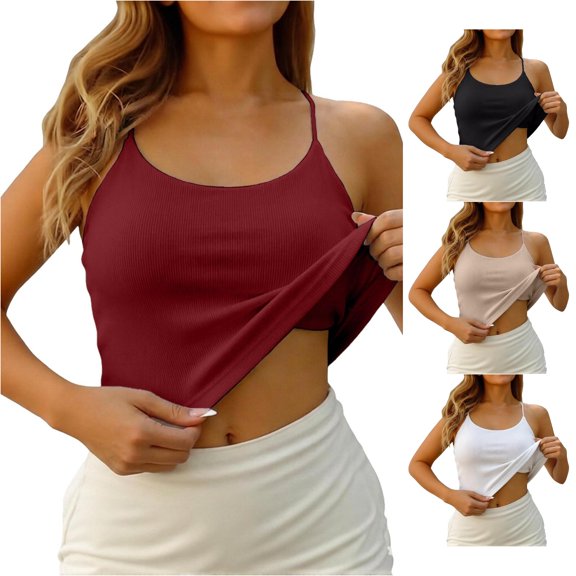 HAYIMI Women Spaghetti Strap Built In Bra Camisole Tank Tops For Seamless Comfort Stretch Sleeveless With Removable Padding And Backless Design Summer Round Neck Solid Color Boho Vests
