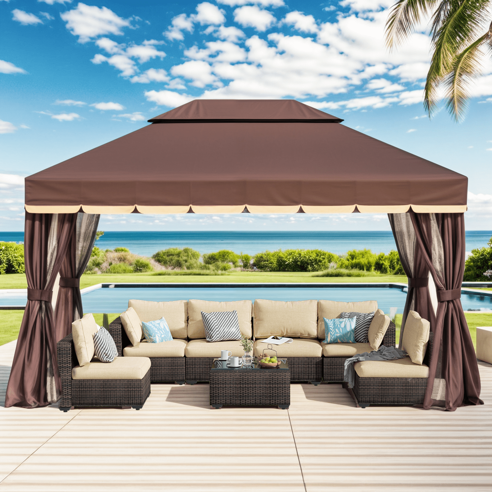 Gaptain 10×12 FT Deluxe No Screws Gazebo,Double Roof Outdoor Shelter Tent with Mosquito Nettings and Privacy Screens, Brown