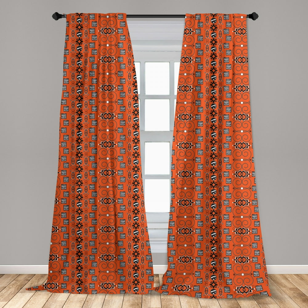 African Curtains 2 Panels Set, Pattern with Traditional Ornamental Folk