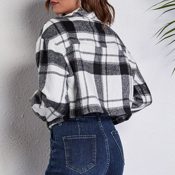 Outfit Sueter De Cuadros Blanco Y Negro Camisas De Abrigo A La