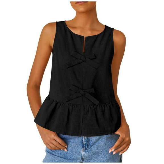 RYDCOT Women's Summer Sleeveless Tank Tops Crewneck Bow Loose Flowy Ruffle Peplum Babydoll Blouses Beach Vacation 2025 s Black