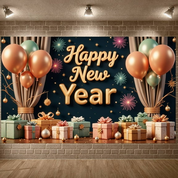 Gold Balloons Happy New Year Banner Gift Boxes New Year Display Fireworks Design Star Decorations Festive Backdrop for New Year Party Holiday Celebration Indoor Decoration