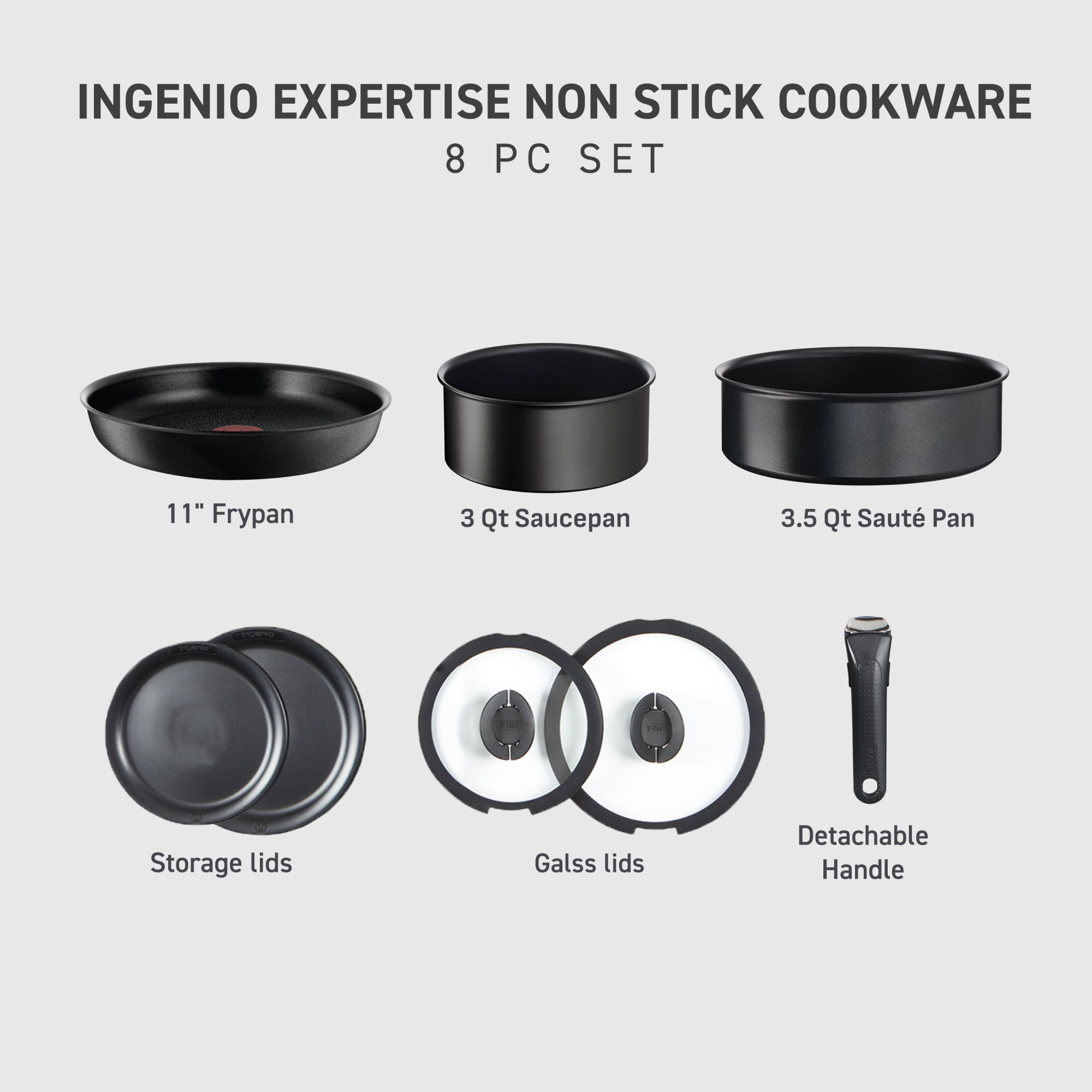 T-fal Ingenio Expertise, Nonstick Cookware Set, 8 Piece, Induction Oven Safe 500F, RV, Detachable Handle, Black
