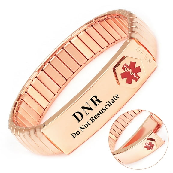 Wollet Stainless Steel Medical Alert Bracelet for WoMen, 7 Inch, Rose Gold, Engraved DNR Do Not Resuscitate