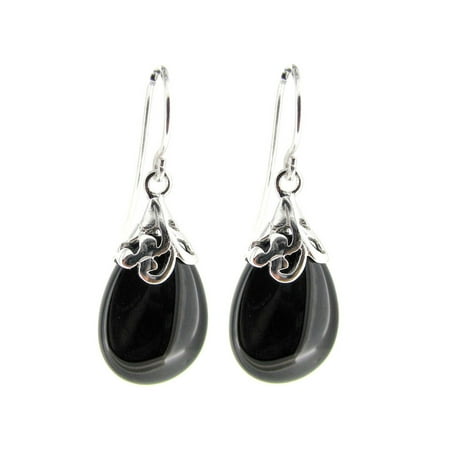 French Onyx (Natural Onyx Black Teardrop Sterling Silver Filigree Flower Bail and French Hook Earwires Dangle)