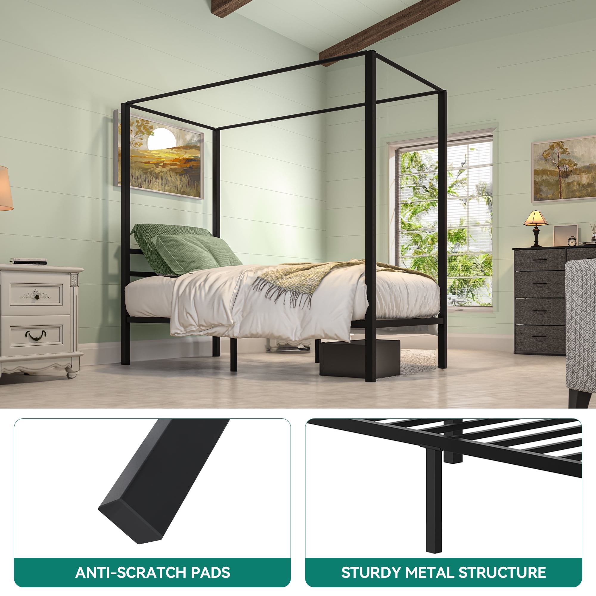 Dextrus Metal Canopy Bed Frame 14" Platform with Headboard Strong Metal Slat Support Mattress Foundation, No Box Spring Needed, Black, Twin Size