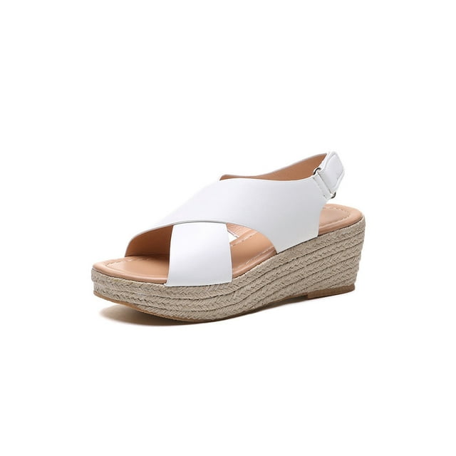 Woobling Lady Shoes Open Toe Sandals Wedge&platform Breatehable Ladies Soft Hook&loop White 8.5