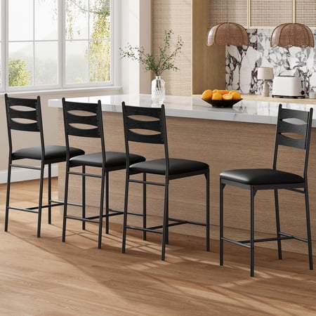 Bar Stools Set of 4, Bar Chairs with Wood Backrest, 22.4" Tall Counter Bar Stools for Counter Bar, Island, Dining Room, Kitchen, Black，4-pack
