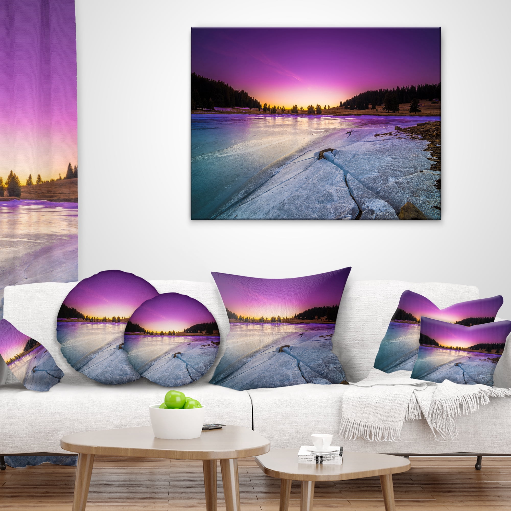 Designart Sunrise over Frozen Lake - Landscape Printed Throw Pillow - 18x18