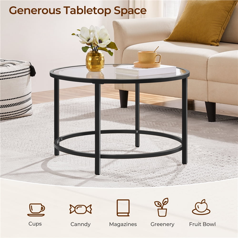 Yaheetech 27.5" Modern Glass Top Round Coffee Table for Living Room, Apartment, Black