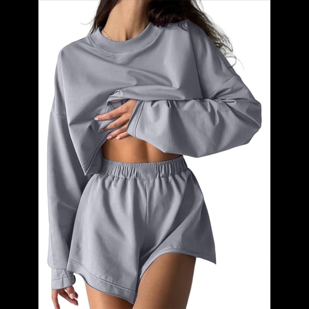 Conjuntos de 2 Piezas para Mujer, Pantalones Cortos Deportivos de Gran Tamaño, Conjunto Informal A Juego, Chándal, Ropa de Otoño Gris L